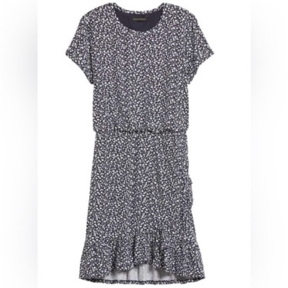 Banana Republic Navy Blue + White Floral Midi Dress with Ruffle Flounce Hem
